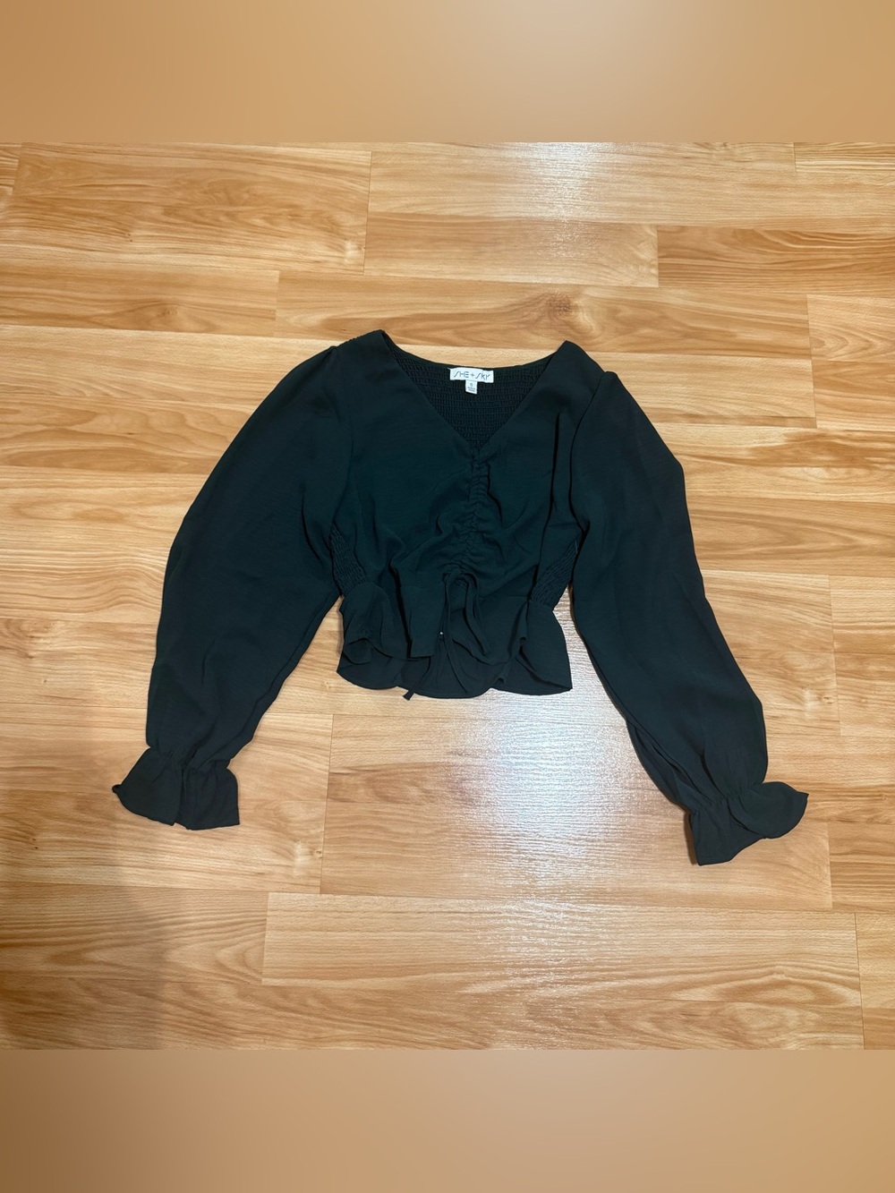 She and Sky Dark Green Ruched V-Neck Long Sleeve Blouse